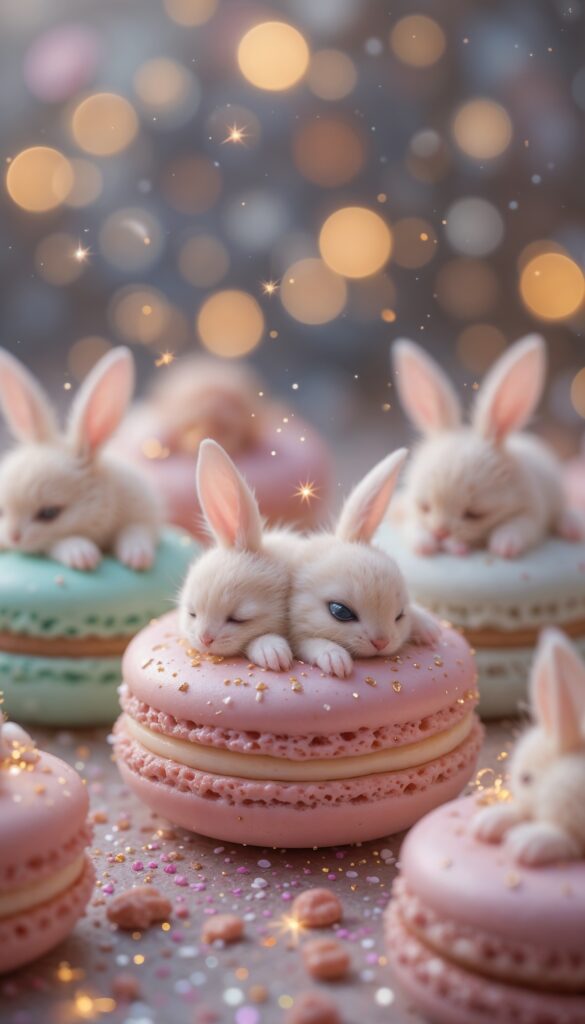 Tiny_Bunnies_Sleeping_Inside_Macarons_With_Sparkles_And_Glow_Cute_Wallpaper_For_Phone