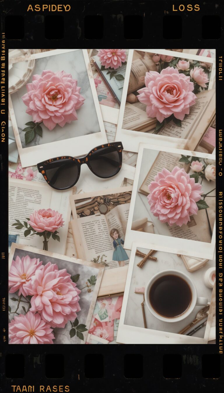 Vintage_Polaroid_Collage_With_Pink_Flowers_Sunglasses_Books_And_Coffee_Film_Grain_Texture_mobile_phone_wallpaper_HD_Best_Wallpapers_for_Girls