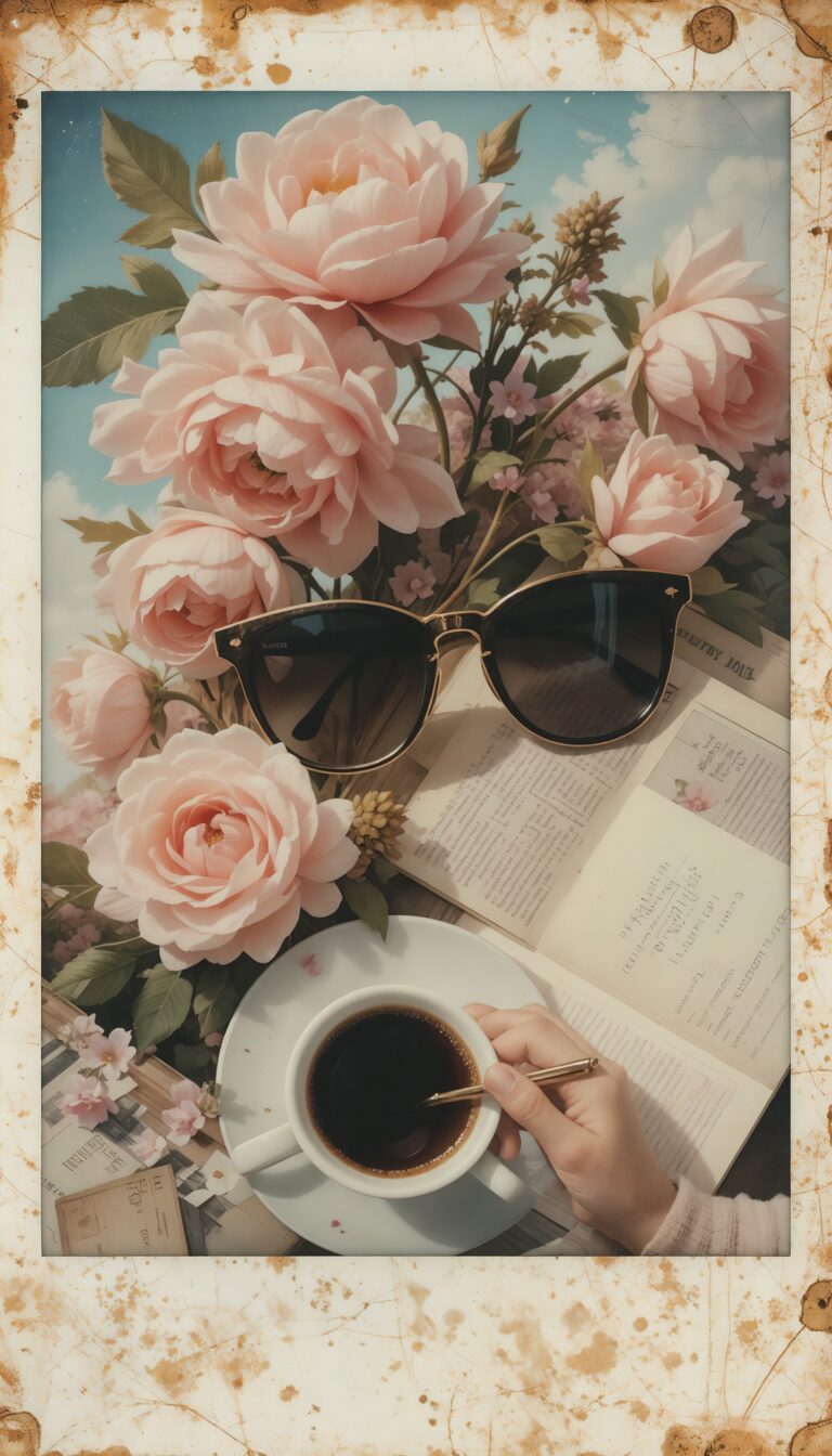 Vintage_Polaroid_Collage_With_Pink_Flowers_Sunglasses_Books_And_Coffee_Film_Grain_Texture_mobile_phone_wallpaper_HD_Best_Wallpapers_for_Girls