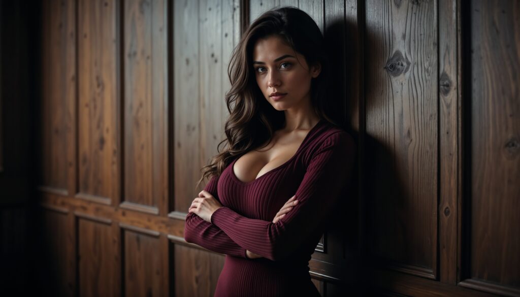 A woman in a burgundy ribbed knit bodycon dress leaning against a wood-paneled wall wallpaper 1 Voluptuous_Woman_In_Burgundy_Ribbed_Bodycon_Dress_Leaning_On_Wood_Wall_Moody_Lighting_Bodycon_Dress_Photoshoot_Poses_wallpaper