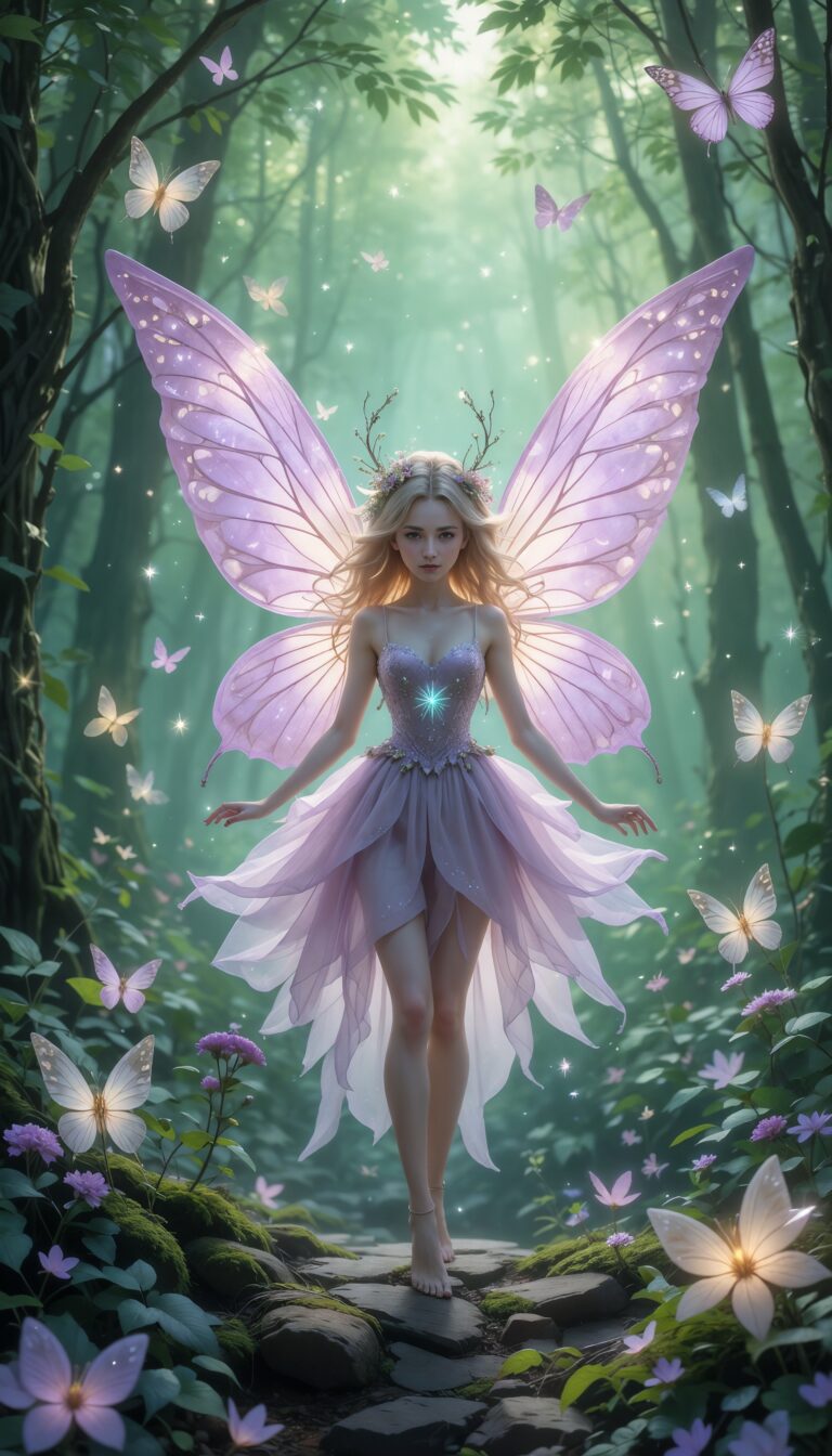 Whimsical_Fairy_In_Forest_Surrounded_By_Glowing_Butterflies_And_Sparkles_Soft_Green_And_Lilac_Tones_mobile_phone_wallpaper_HD_Best_Wallpapers_for_Girls