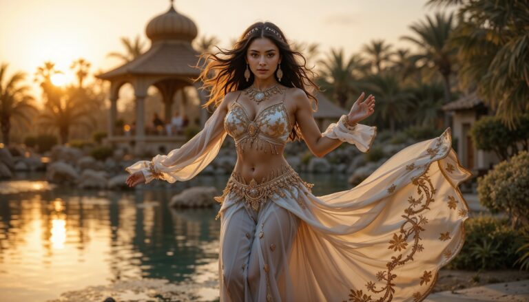 White_And_Gold_Curvy_Belly_Dancer_Dancing_By_Oasis_At_Sunset_mobile_phone_wallpaper_HD