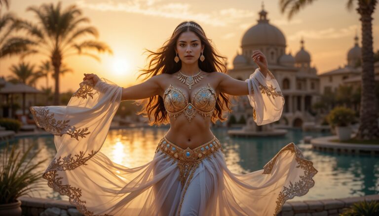 White_And_Gold_Curvy_Belly_Dancer_Dancing_By_Oasis_At_Sunset_mobile_phone_wallpaper_HD