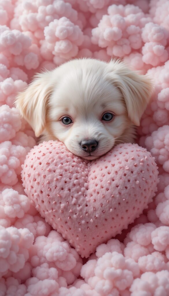 White_Puppy_Hugging_Heart_Pillow_On_Cotton_Candy_Clouds_Cute_Wallpaper_For_Phone
