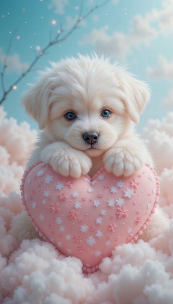White_Puppy_Hugging_Heart_Pillow_On_Cotton_Candy_Clouds_Cute_Wallpaper_For_Phone