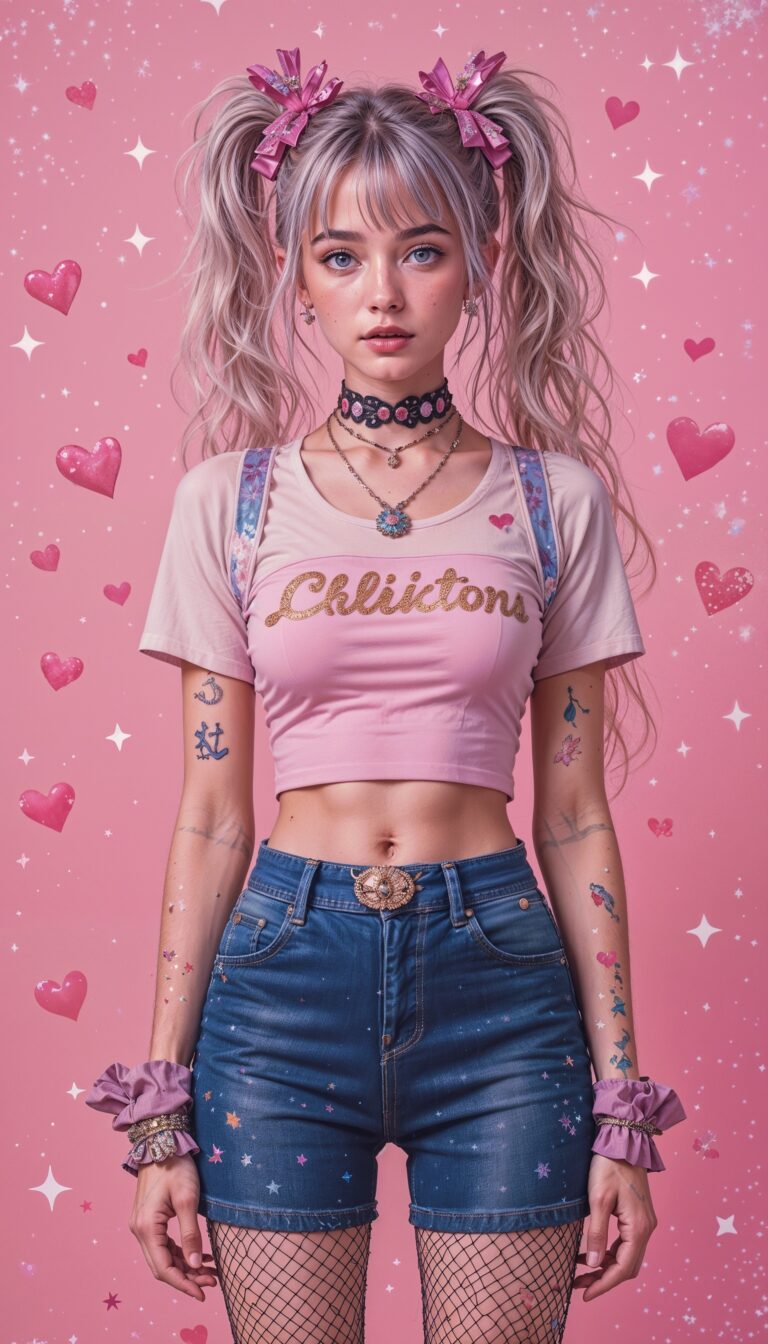 Y2K_Fashion_Girl_With_Sparkly_Pink_Background_Stars_And_Hearts_Aesthetic_mobile_phone_wallpaper_HD_Best_Wallpapers_for_Girls