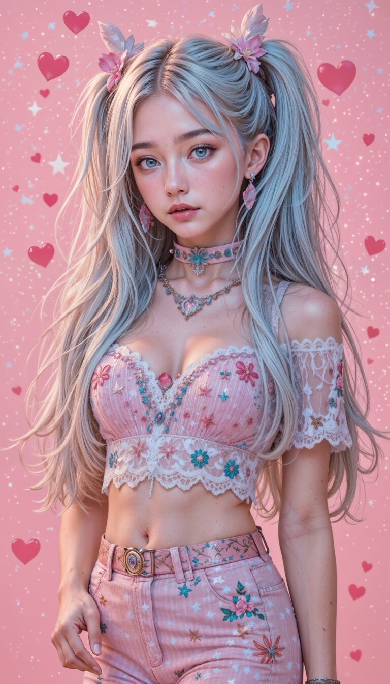 Y2K_Fashion_Girl_With_Sparkly_Pink_Background_Stars_And_Hearts_Aesthetic_mobile_phone_wallpaper_HD_Best_Wallpapers_for_Girls