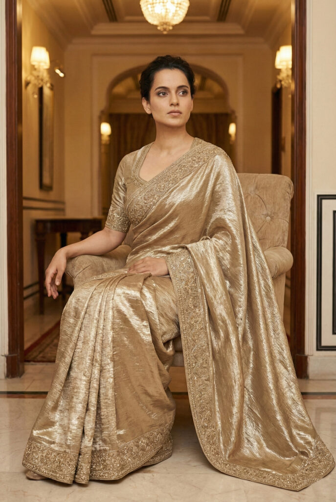Bollywood actress Kangana Ranaut seated in a plush chair wearing an opulent gold crushed tissue saree