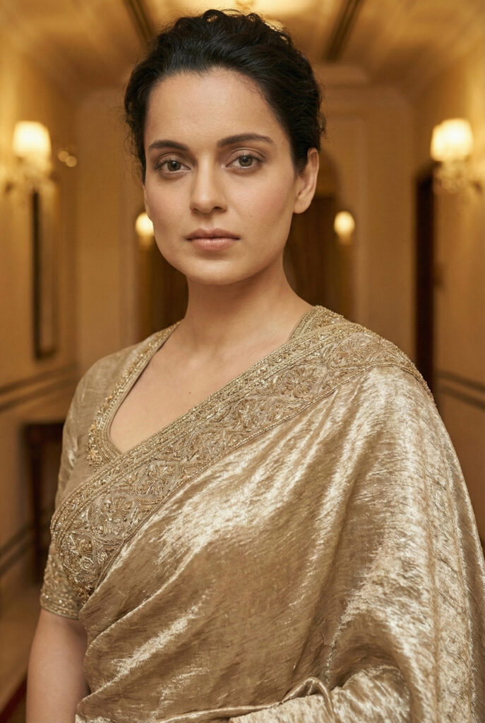 Close up portrait of Kangana Ranaut showing the intricate embroidery details on her golden saree border and blouse