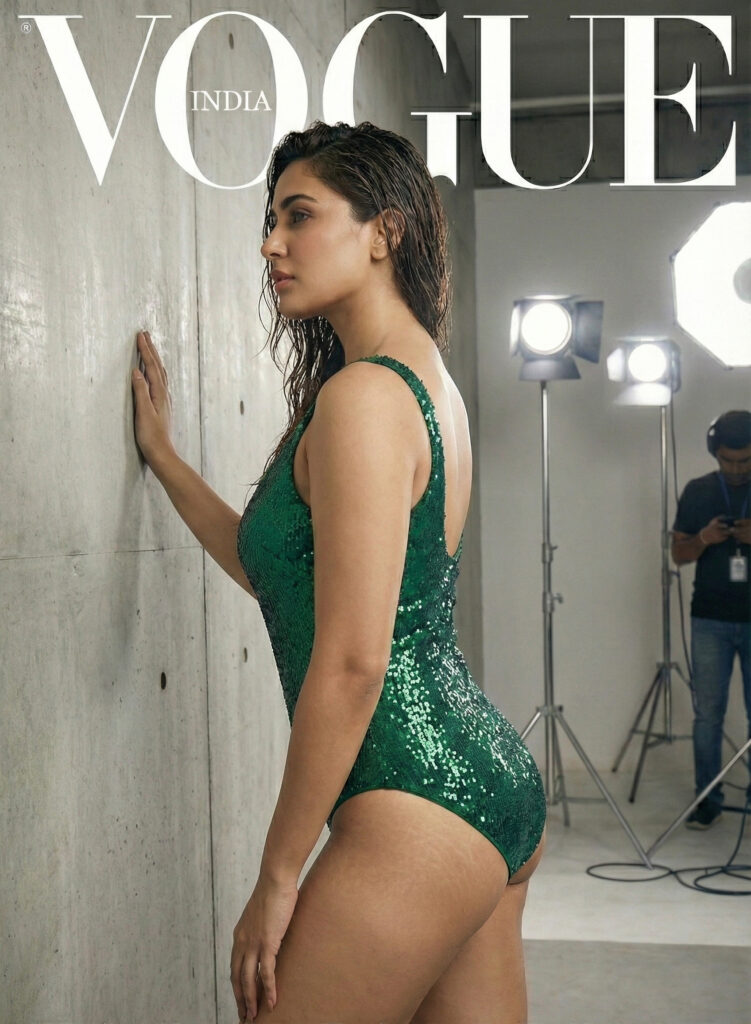 Hot Huma Qureshi photoshoot shiny green bodysuit side pose