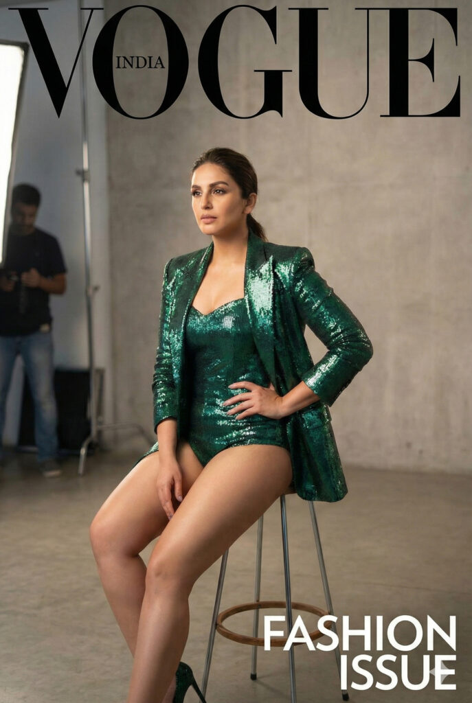 Hot Huma Qureshi photoshoot shiny green bodysuit vogue magazine poster social media