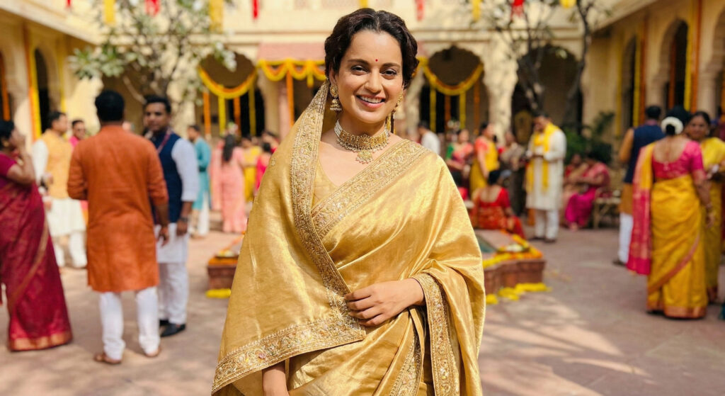 Kangana Ranaut striking a confident pose showing the drape of her crushed gold velvet saree