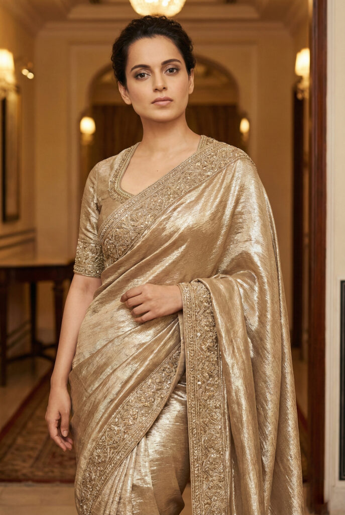 Side profile view of Kangana Ranaut in a golden saree with hair tied in a neat bun