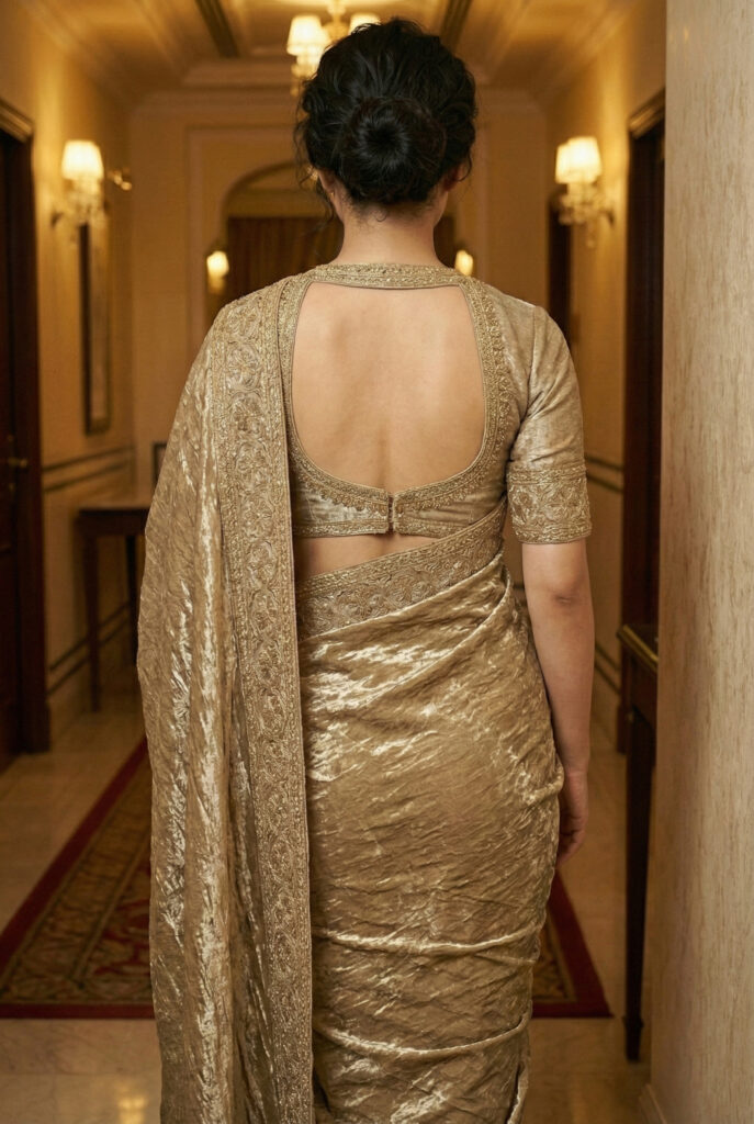 The back details of Kangana Ranauts outfit featuring a stylish cut out back blouse design and embroidered sleeves
