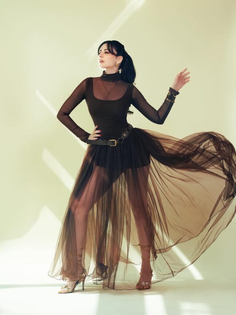 Zoya Afroz Western Sheer Skirt Look Modern Fashion photoshoot brown Bodysuit Style 2026 8