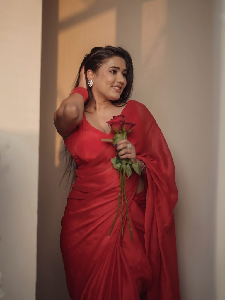 garima chaurasia elegant red saree celebrity photo
