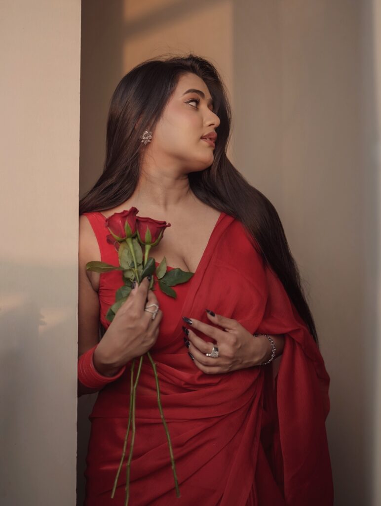 garima chaurasia glamorous red saree photoshoot portrait