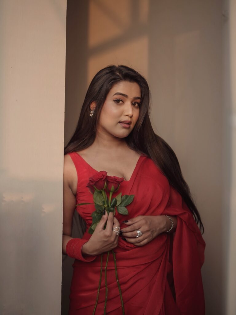 garima chaurasia romantic red saree rose photo