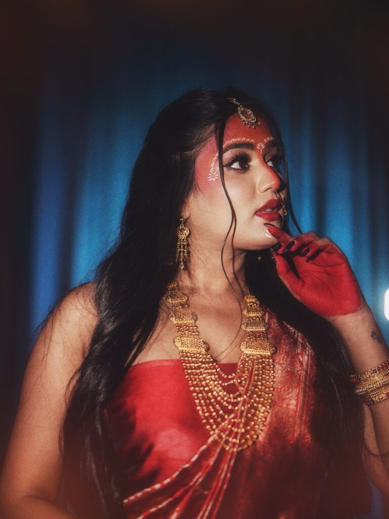 garima chaurasia traditional makeup red saree portrait